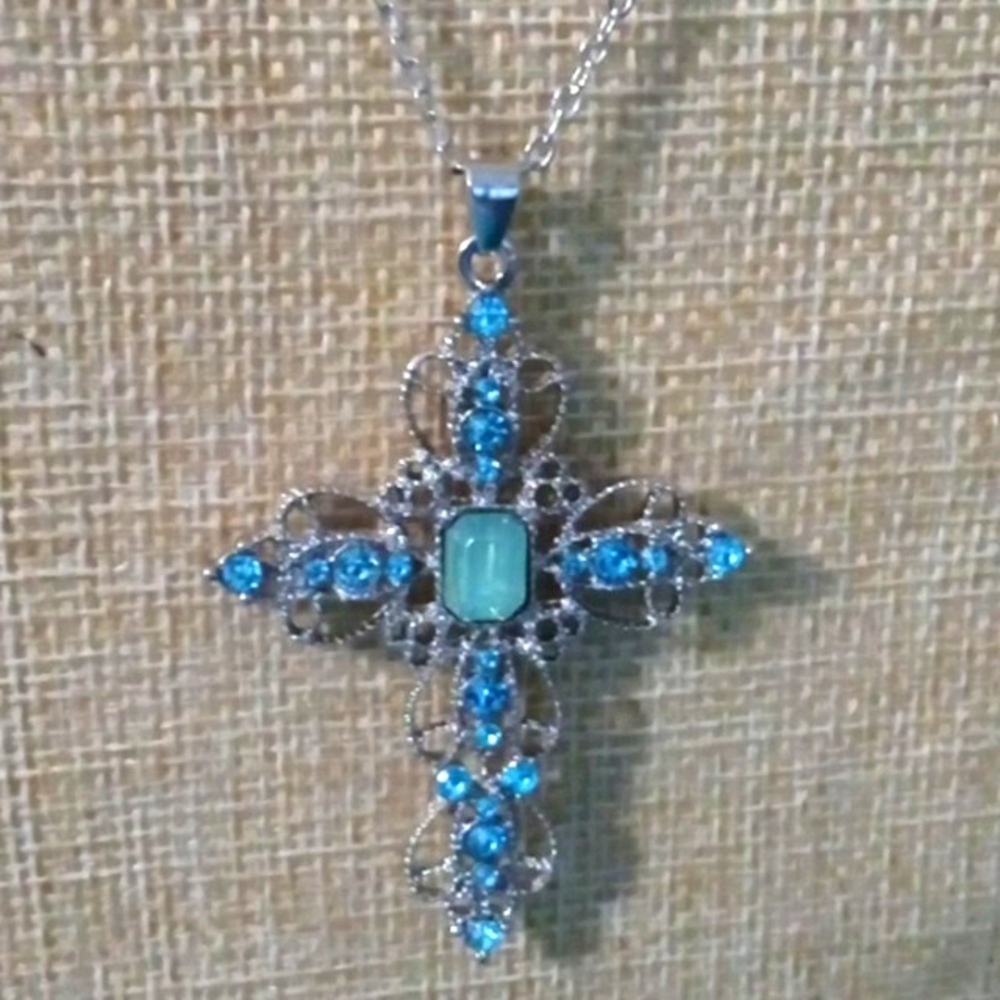 New Blue Silver Cross Necklace